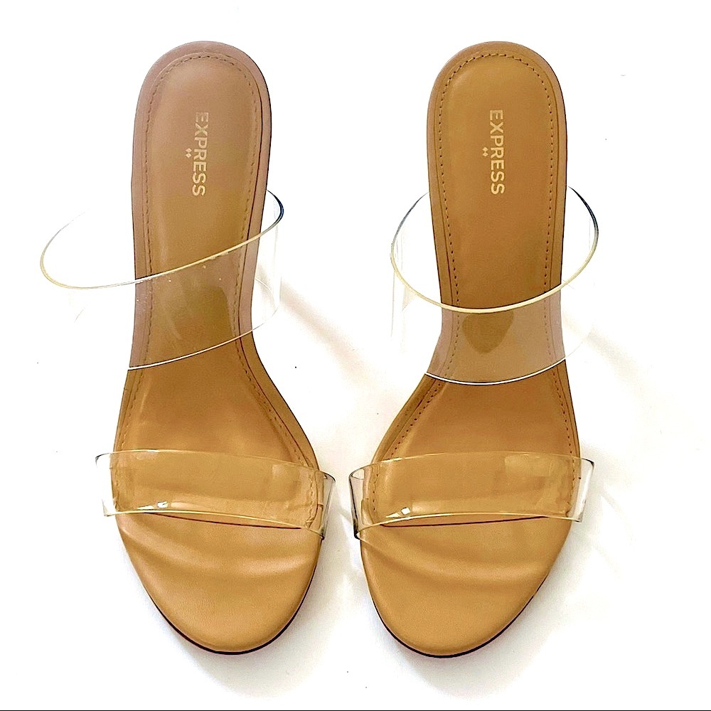EXPRESS Madison clear vinyl double strapped heels